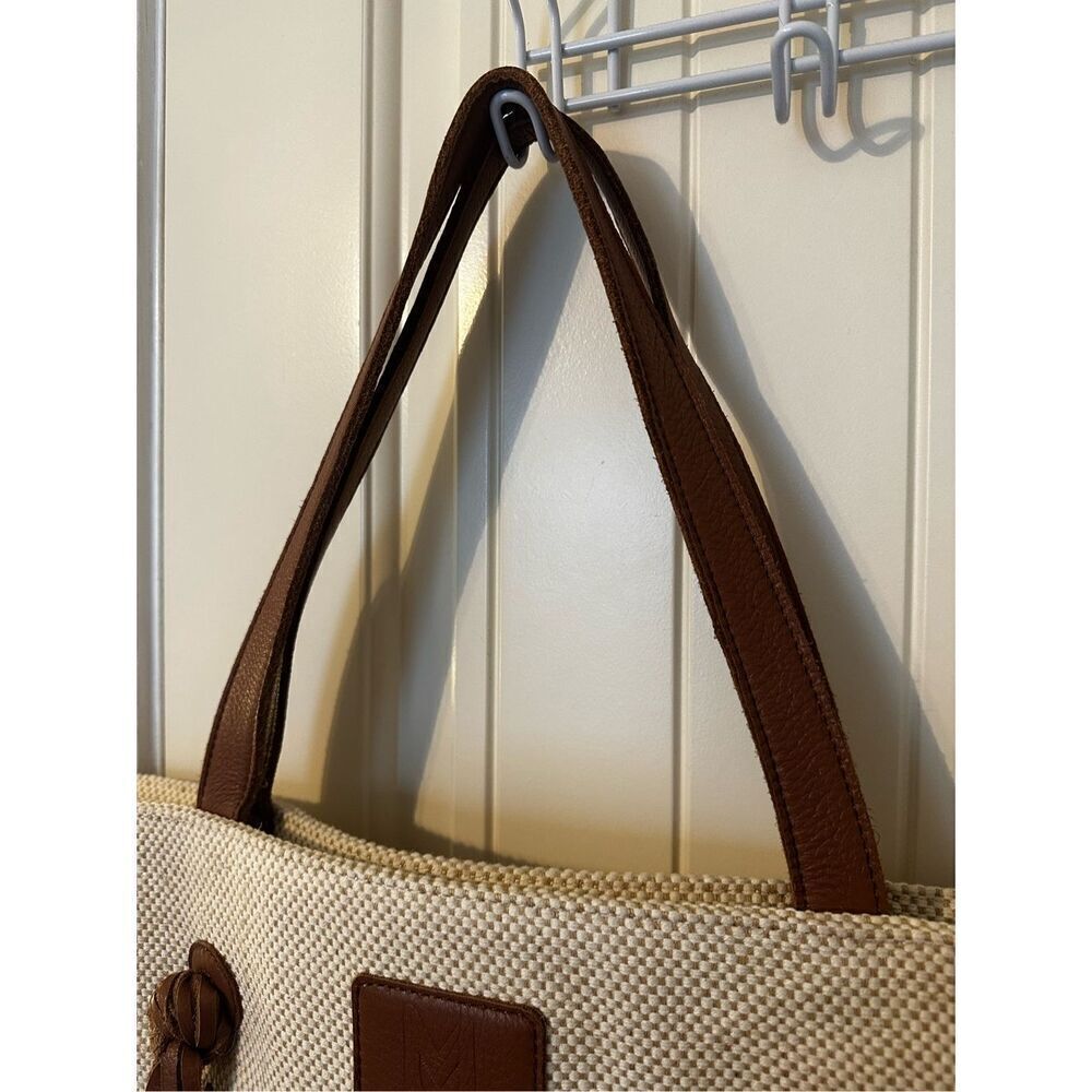 Muxo Camila Alves Leather Linen Woven Cotton Tote Brown Jute Tan Hobo Bag Purse - Picture 5 of 14